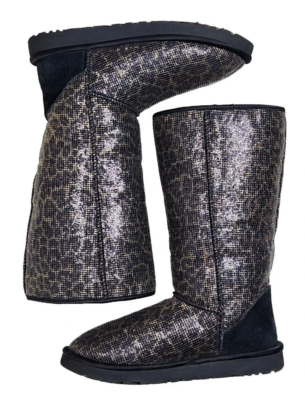 UGG Leopard Glitter Classic Tall Sz 7 Genuine Sheepskin Boots Black/Gold 1006819